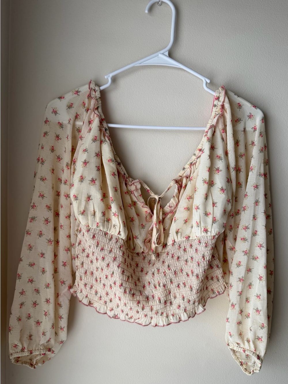Cropped Off The Shoulder Blouse- Cream with Pink Rose Print